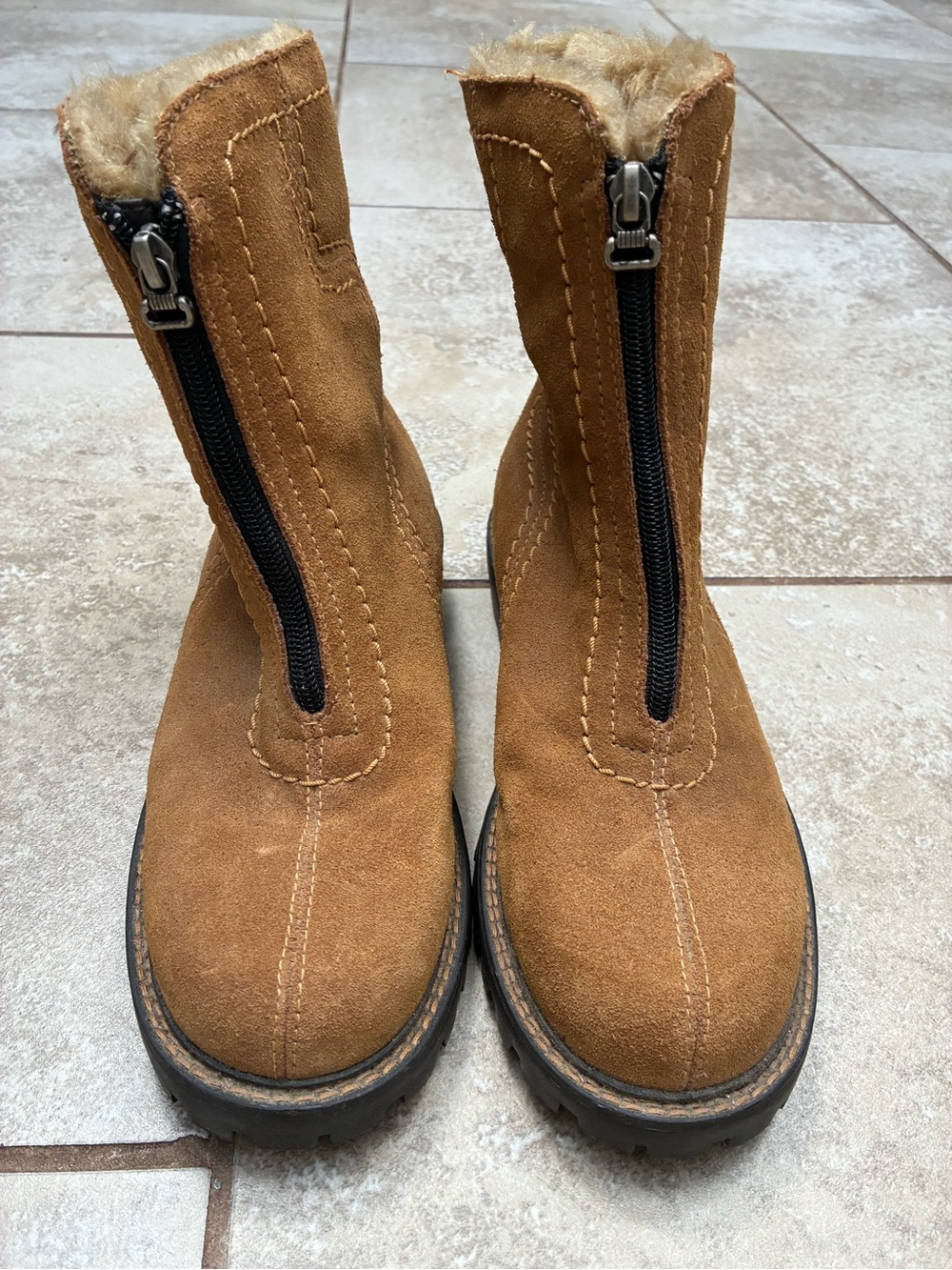 Khombu Chestnut Suede Front-Zip Faux-Fur Ankle Booties
